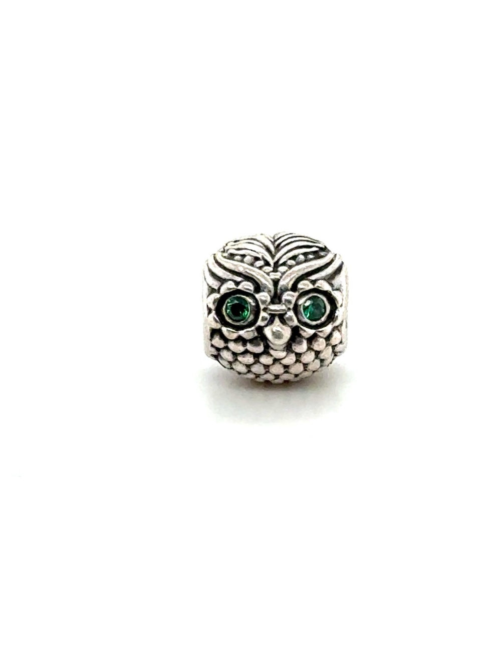 Pandora Silver Owl Charm with Green Stones